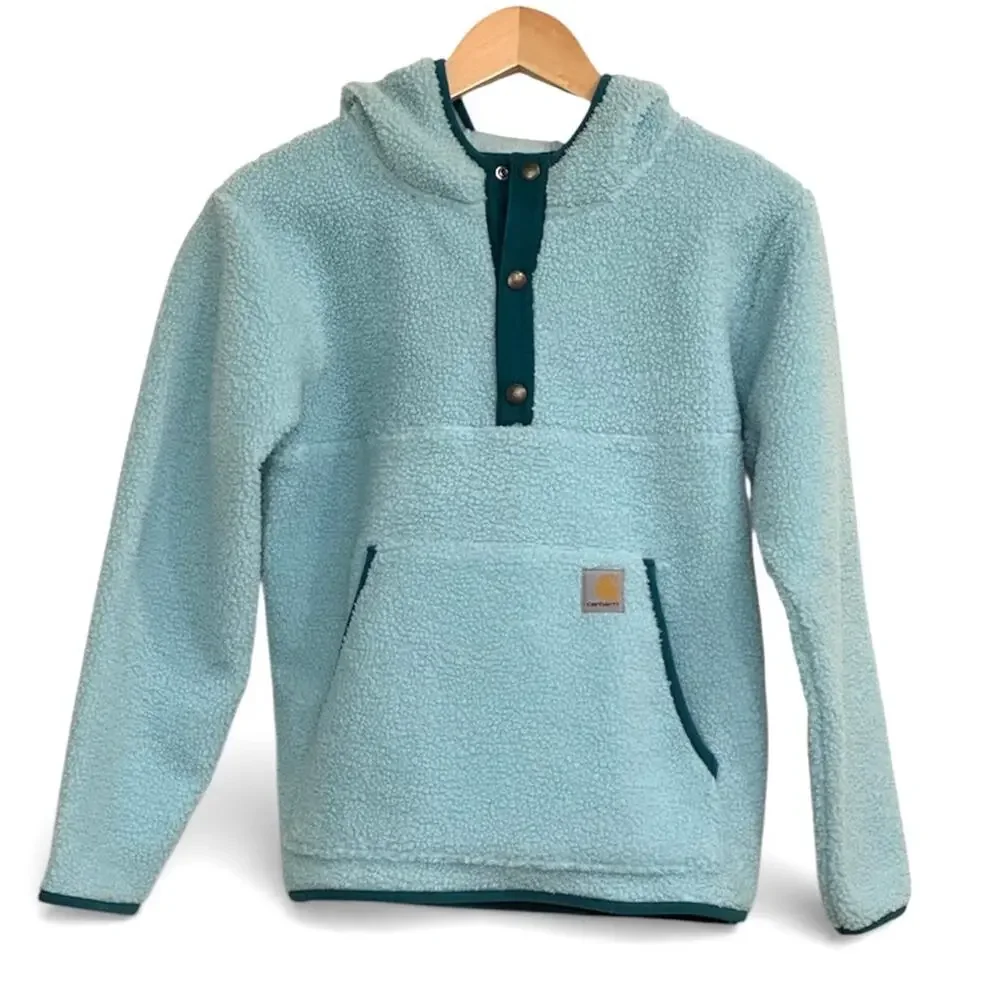 Carhartt‎ Sherpa Fleece Quarter Snap Hoodie Turquoise Youth XL 14 NWT
